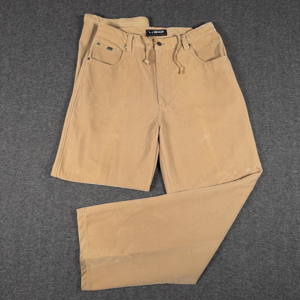 Vintage Muka Pants Mens XL 34x32 Tan Beige Faux Leather Streetwear Y2K Chino